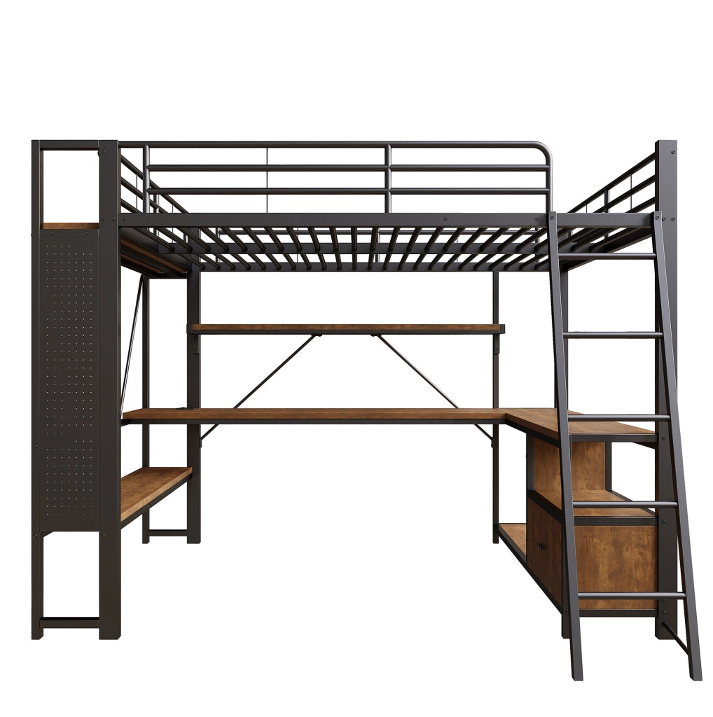Letto a soppalco 140x200 cm in metallo con scrivania integrata, LED, ripiani, USB, nero