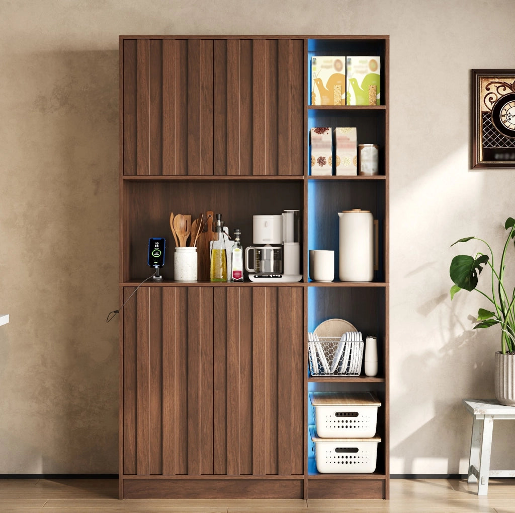 Mobile da cucina alto 105x40x180 cm con LED RGB; prese USB e 2 ante in MDF color noce