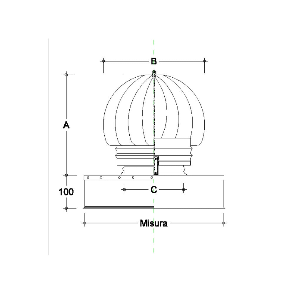 Fumaiolo da 32x42cm base rettangolare tipo radiante eolico inox aisi 304