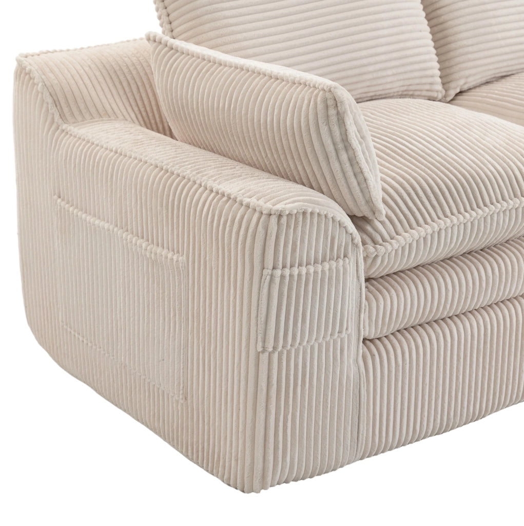Divano 2 posti in velluto a coste beige con tasche laterali e cuscini