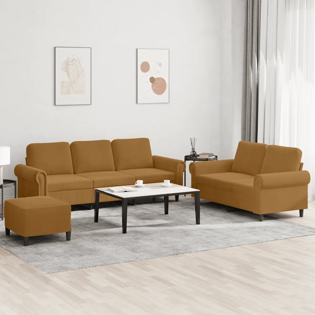 Set di Divani 3 pz con Cuscini Marrone in Velluto