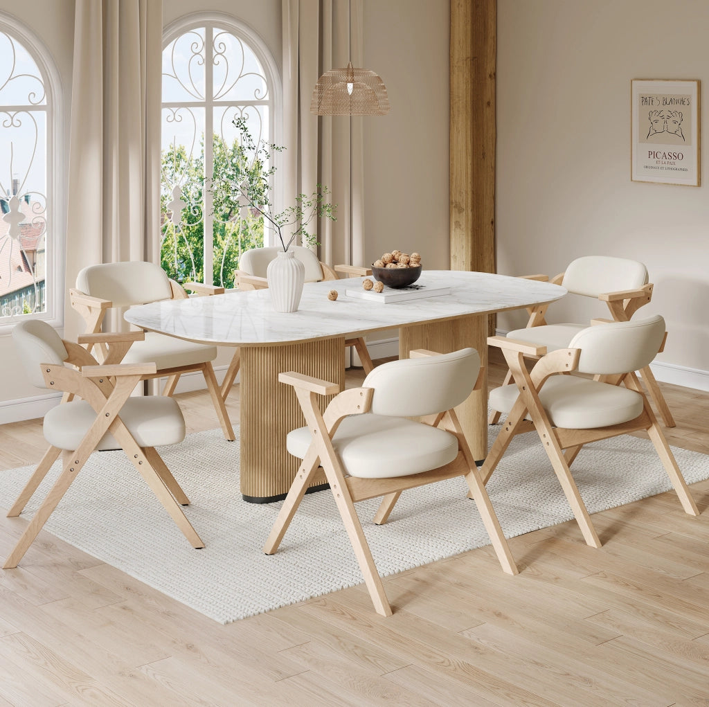 Set di 2 sedie da pranzo pieghevoli in legno massello e lino beige con braccioli