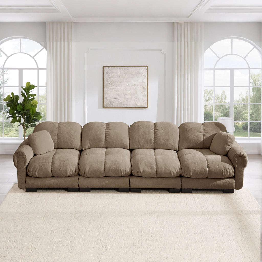 Divano modulare 330x86x90 cm con cuscini trapuntati e schienale curvo in ciniglia marrone