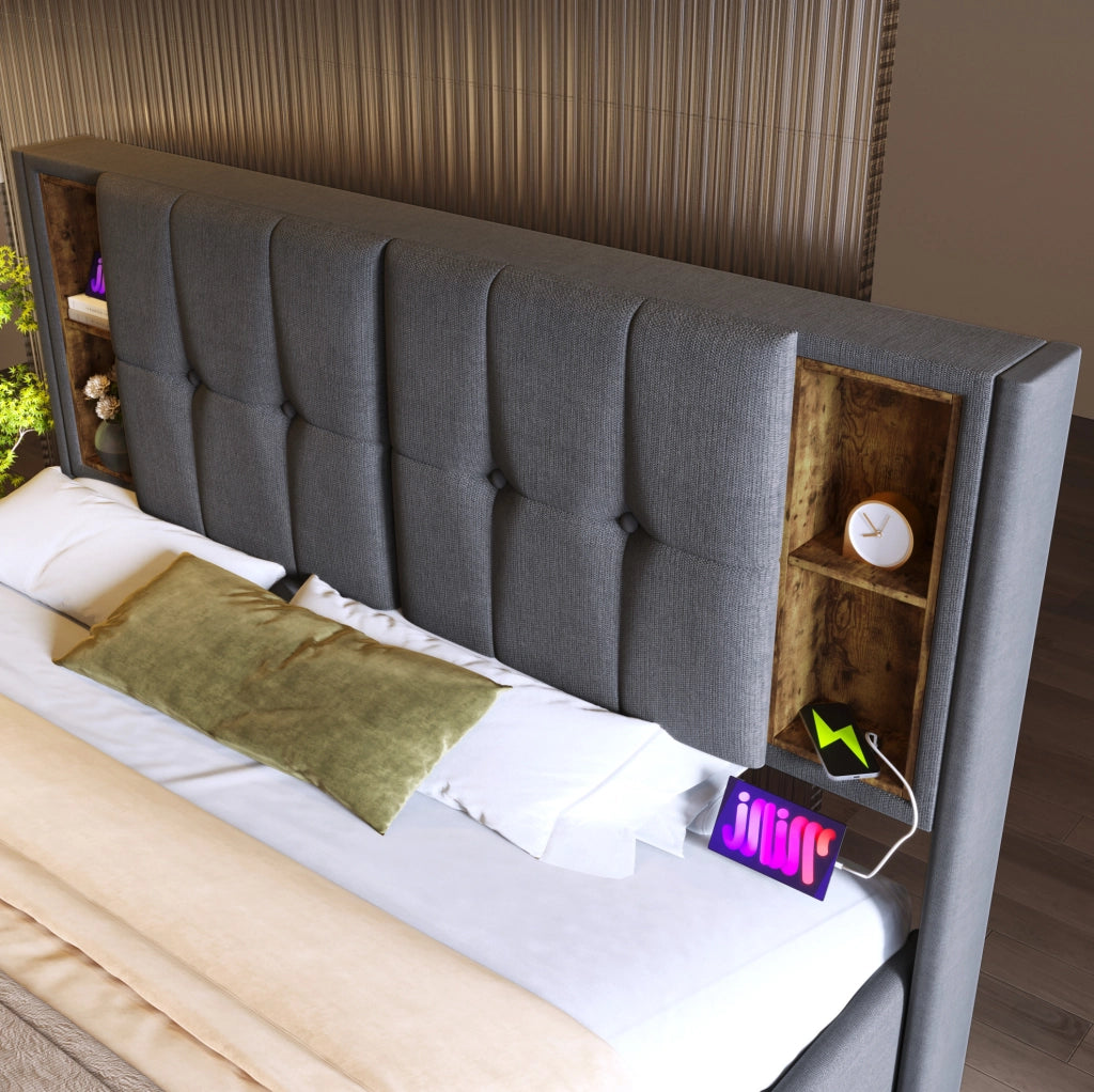 Letto 140x200 cm con contenitore, ricarica wireless USB e USB-C in cotone grigio