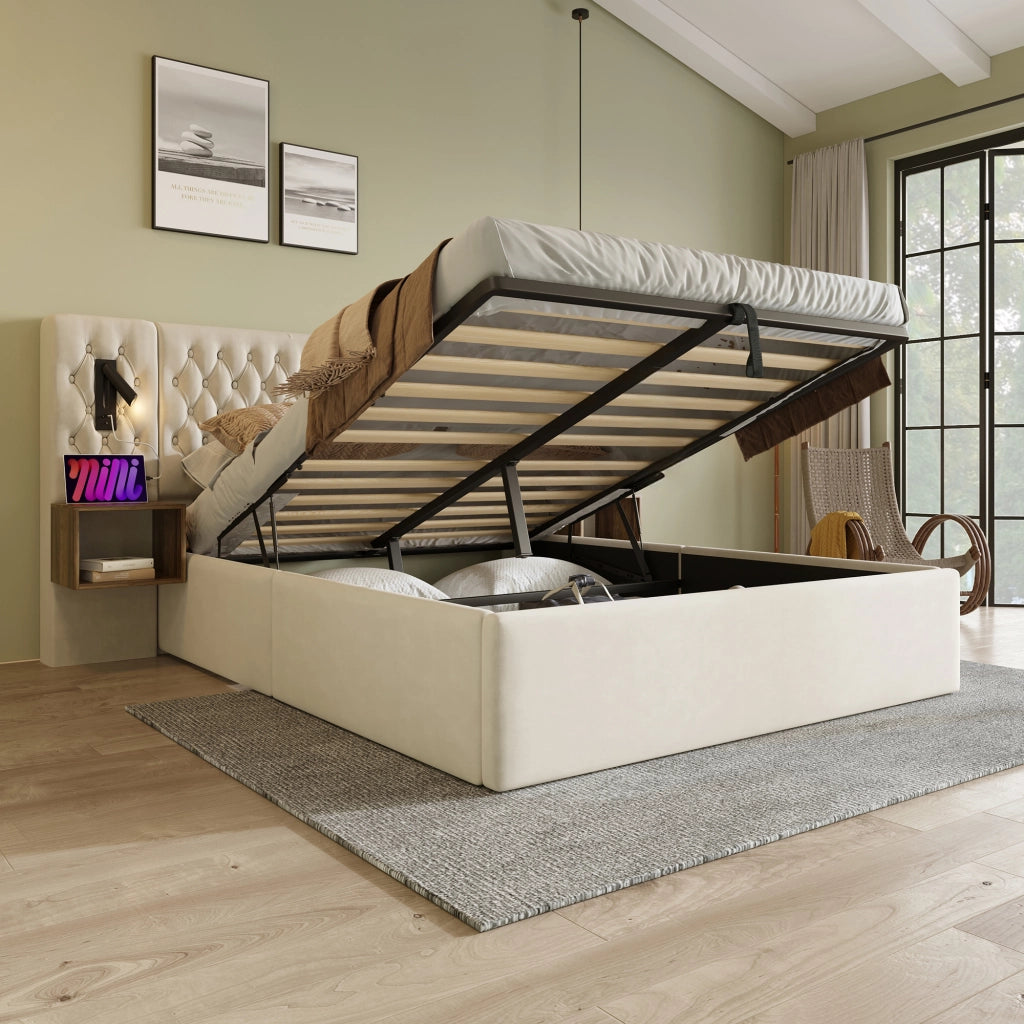 DESMIU Letto contenitore 2 posti con 2 comodini, USB, Type-C e luci da lettura 180 × 200 cm, senza materasso
