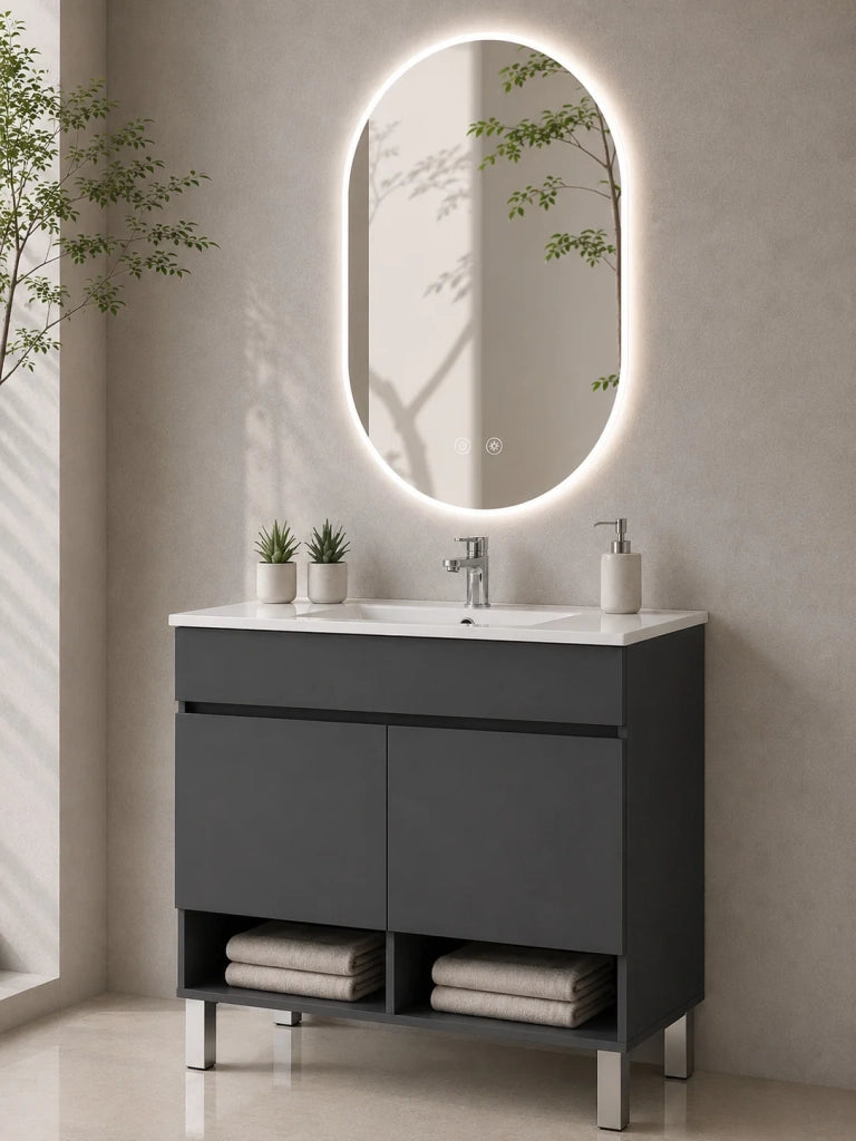 Mobile bagno con piedini con lavabo ORIGENBATH NEBARI con piedini e ante con colonna 90x45 cm grafite con colonna