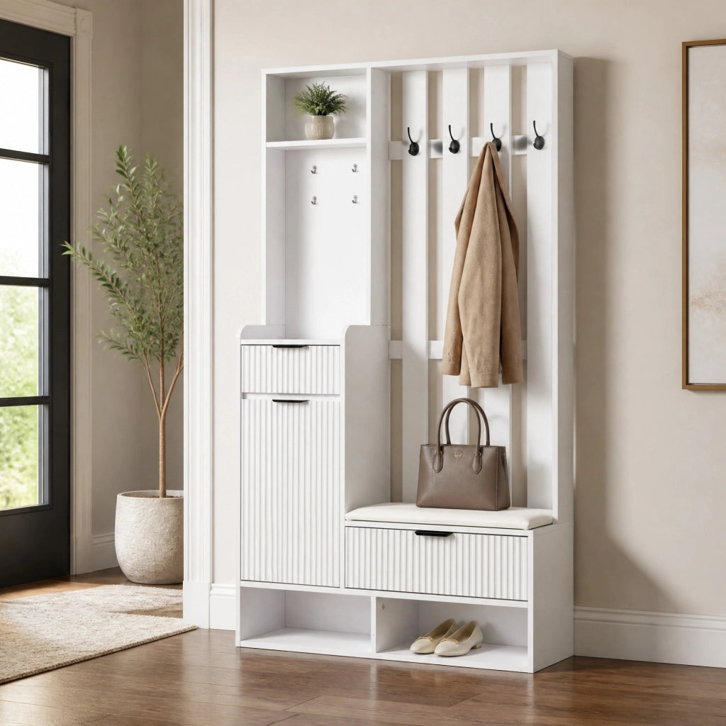Mobile ingresso 6 in 1 100x30x180 cm con panca; 8 ganci e cassetti; bianco