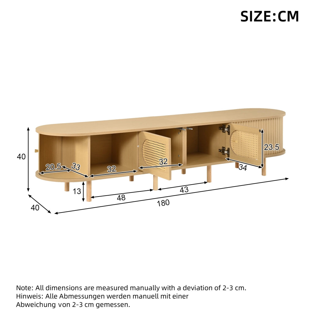 Mobile TV 180x40x40 cm con ante stile rattan e serrandine; colore naturale HOMVRA