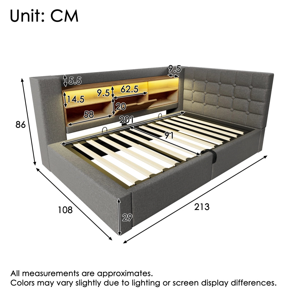 Letto singolo imbottito 90x200 cm con spazio contenitivo, illuminazione LED e materasso H3 a 7 zone