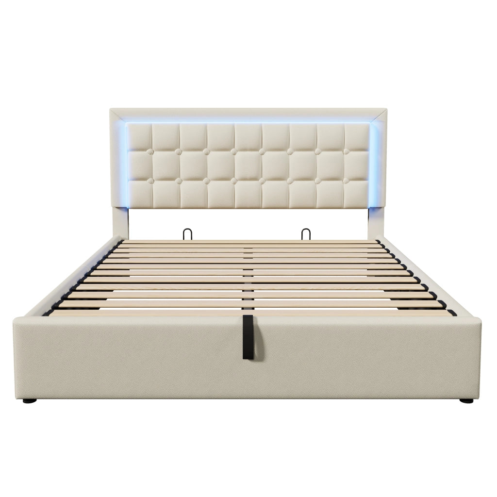 Letto contenitore 160 × 200 cm con materasso LED e rete a doghe rivestito in PU bianco con sollevamento idraulico