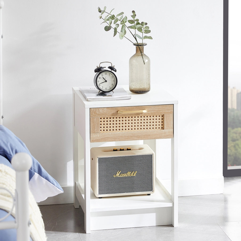 Comodino con cassetto 40x40x55 cm in MDF bianco e naturale effetto rattan