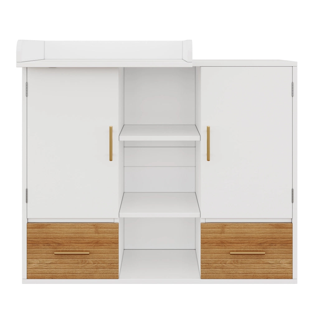 Cassettiera fasciatoio con ripiani, ante e 2 cassetti per cameretta, MDF, naturale e bianca 114×53×92 cm