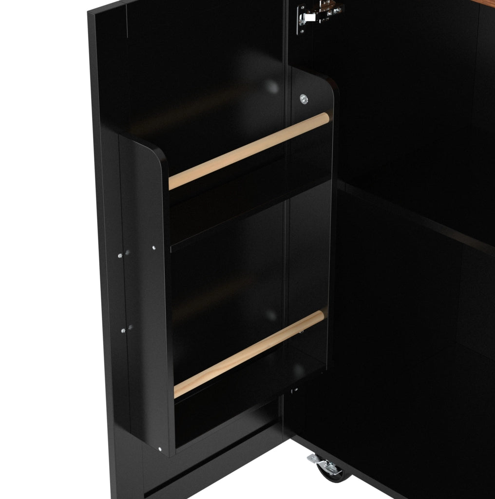 Isola da cucina in MDF con piano pieghevole; 3 cassetti; anta e 5 ruote; nera