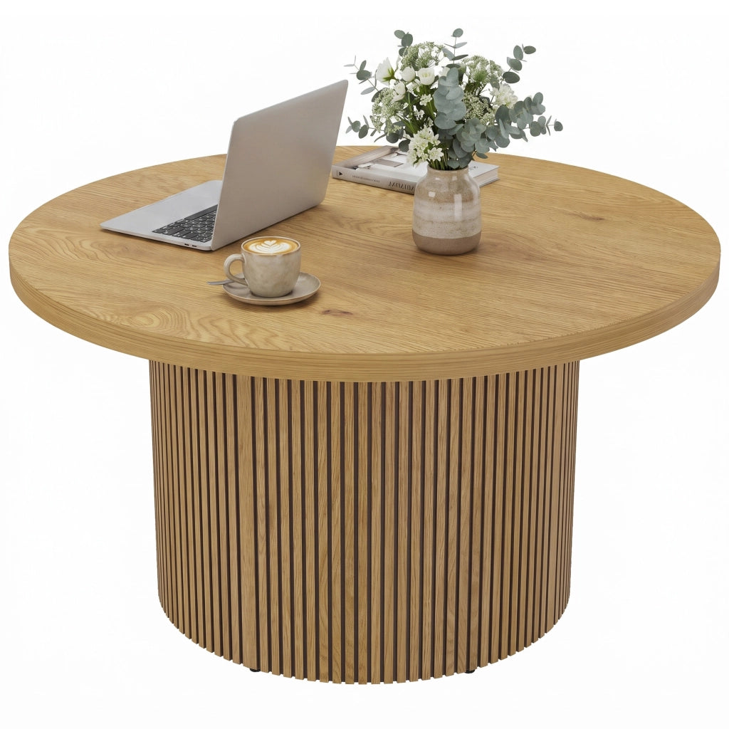 Tavolino da salotto rotondo effetto legno naturale con base scanalata, tavolo basso moderno e robusto per soggiorno
