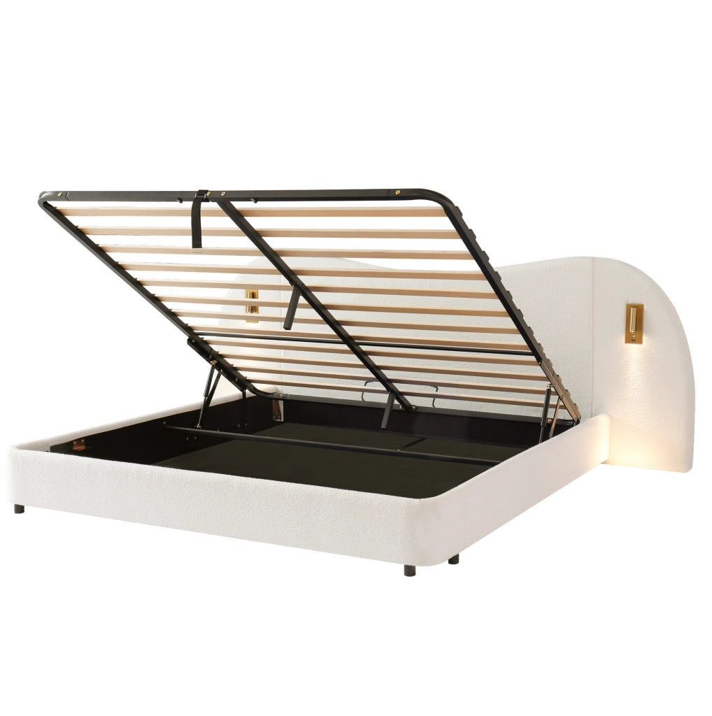 Letto 180x200 cm con contenitore idraulico, rete a doghe, USB e luci da lettura in boucl¨¦ bianco