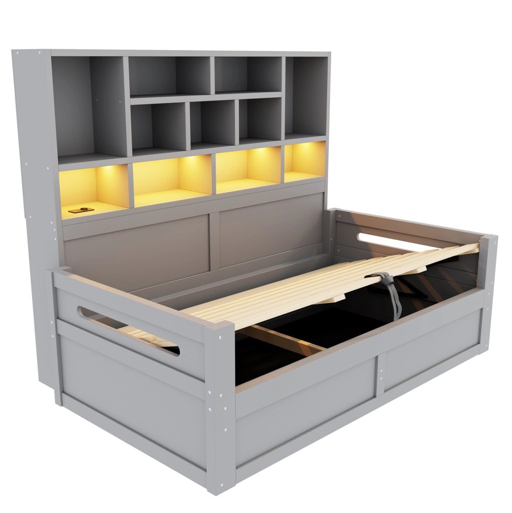 Letto singolo multifunzione 90x200 cm con contenitore idraulico, illuminazione LED e presa elettrica, grigio
