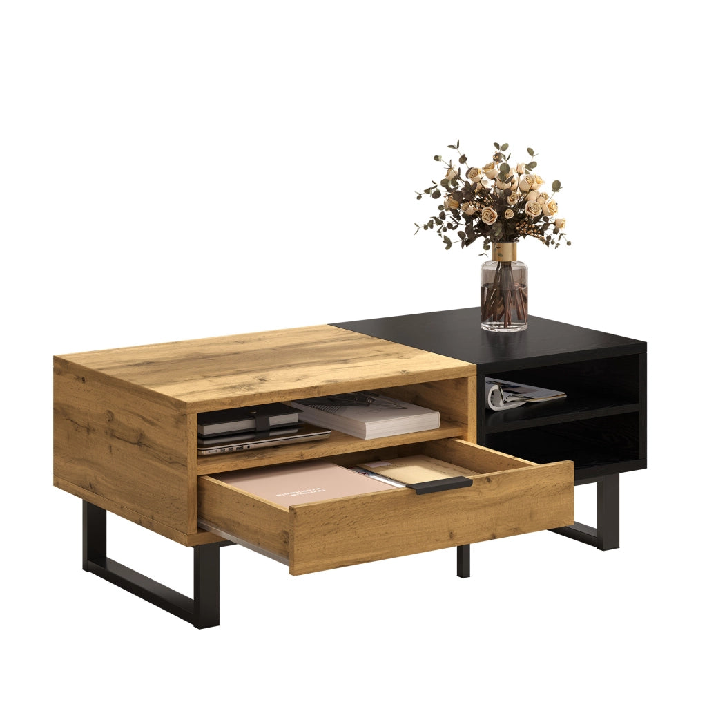Tavolino da caffè con 3 vani aperti e cassetto 100x50x40 cm; truciolare effetto legno e nero