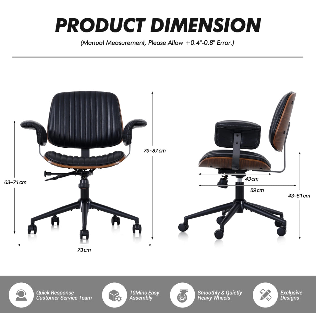 Sedia da ufficio 73x59x87 cm in similpelle nera, girevole e regolabile –