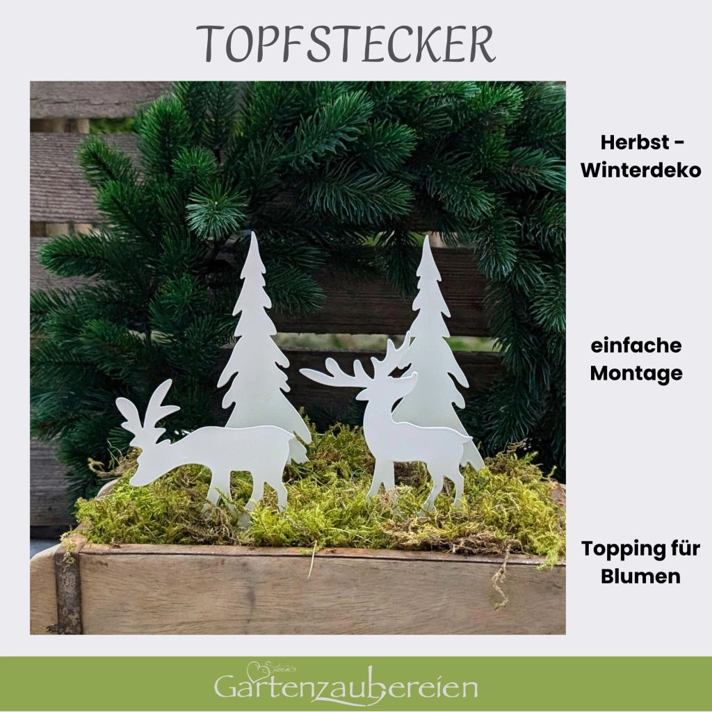 Set di 4 pezzi: 2 alci e 2 alberi di Natale in metallo, bianco, decorazione natalizia e autunnale per vasi da fiori, corone dell'Avvento e ghirlande per porte