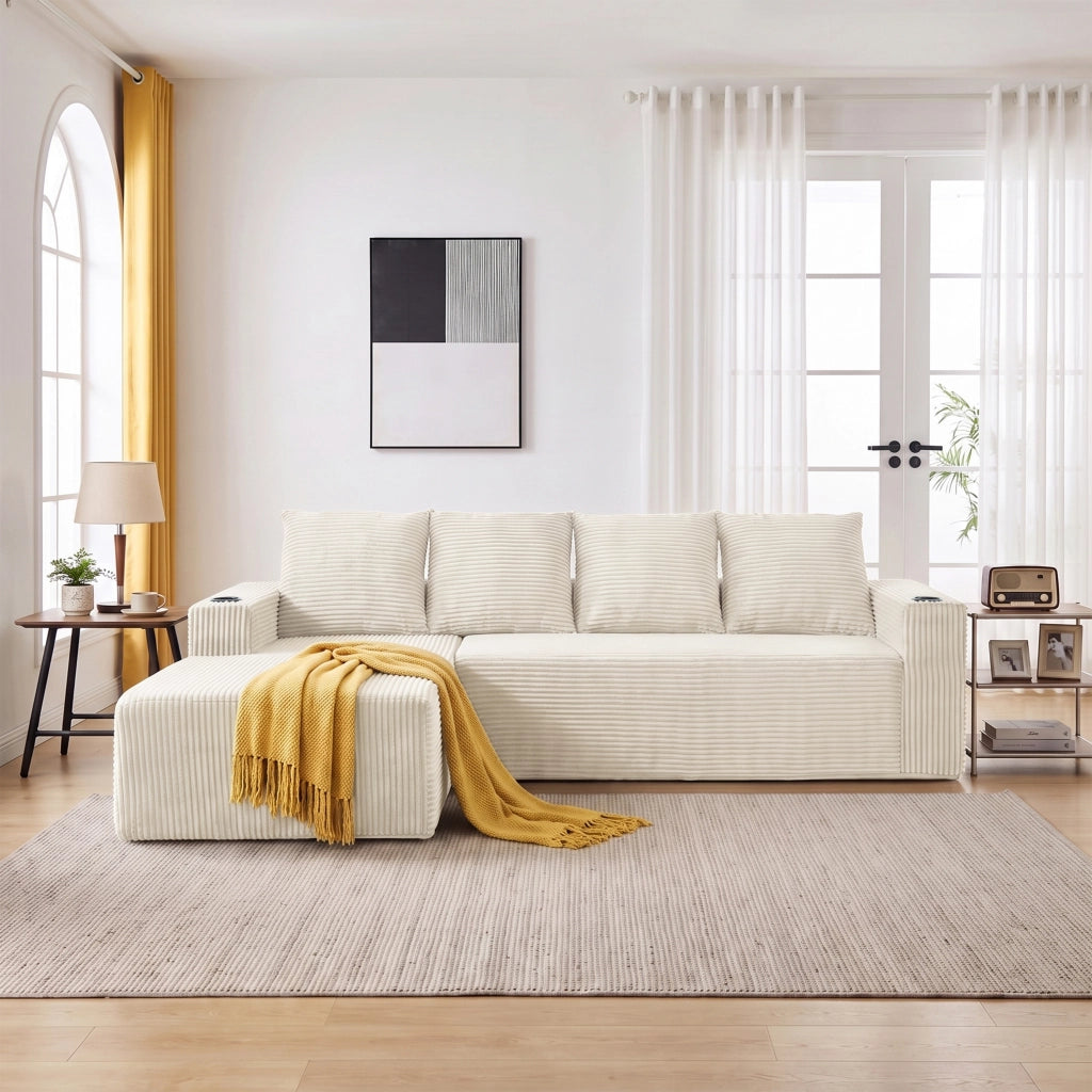 Divano modulare con chaise longue reversibile e portabicchieri, velluto a coste beige