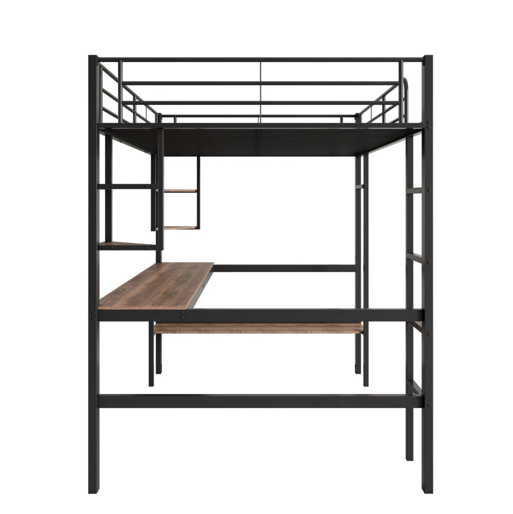 Letto a soppalco 90x200 cm in metallo con scrivania e libreria, nero