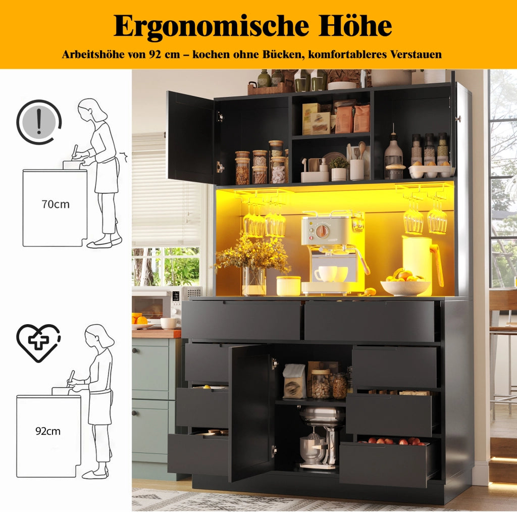 Mobile colonna da cucina con 8 cassetti; ripiani regolabili e LED controllabile tramite app nero in MDF 120 × 40 × 183.5 cm