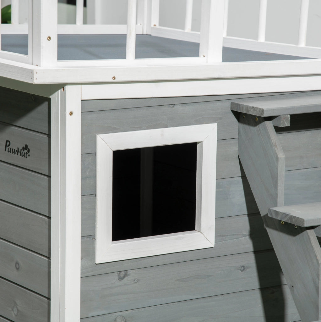 Cuccia rialzata per cani in legno massello di abete con terrazza; grigio chiaro