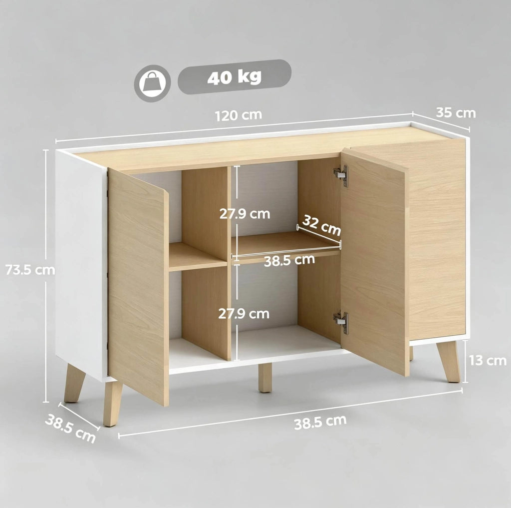 Credenza ULEVR 120x35x73,5 cm con 3 ante e 6 vani, mobile TV in MDF e pannello truciolare bianco naturale