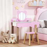 Toeletta per bambini ULEVR rosa con specchio acrilico a forma di orsetto, cassetto e sgabello