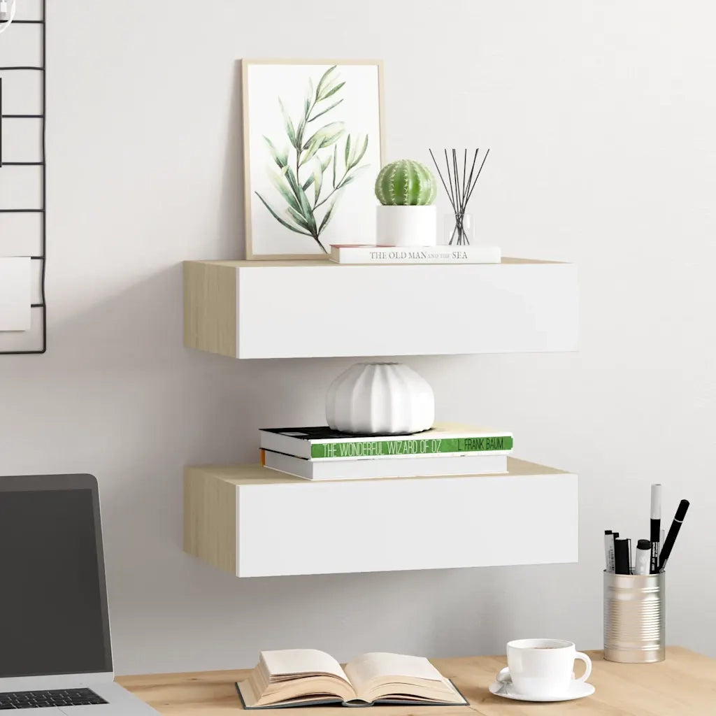 2 pz Mensola | Scaffali con Cassetti Rovere e Bianco 40x23,5x10 cm in MDF