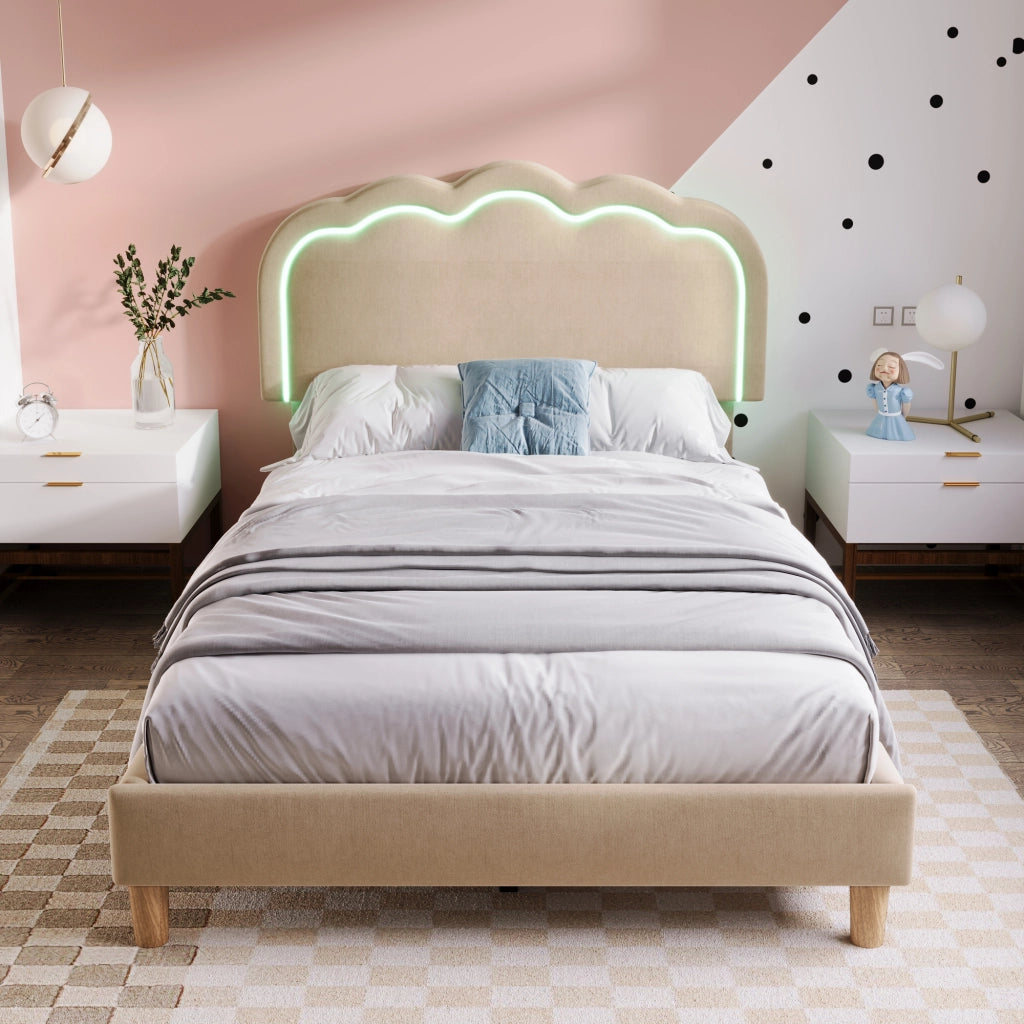 Letto singolo 90 × 200 cm con testiera LED regolabile imbottito in lino beige per camera da letto e ospiti