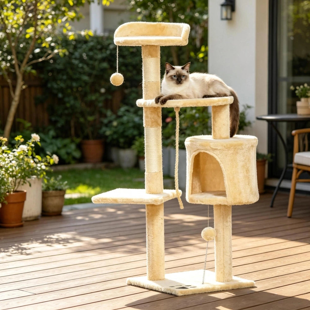 Albero tiragraffi beige a 4 livelli con cuccia e amaca