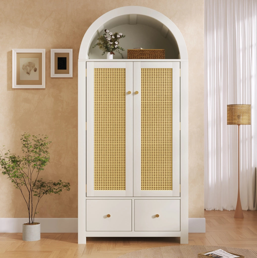 Armadio bianco 181x78x45 cm in MDF con intreccio in rattan, stile country, 2 ante con chiusura magnetica, 2 cassetti, barra appendiabiti e sicurezza anti-ribaltamento