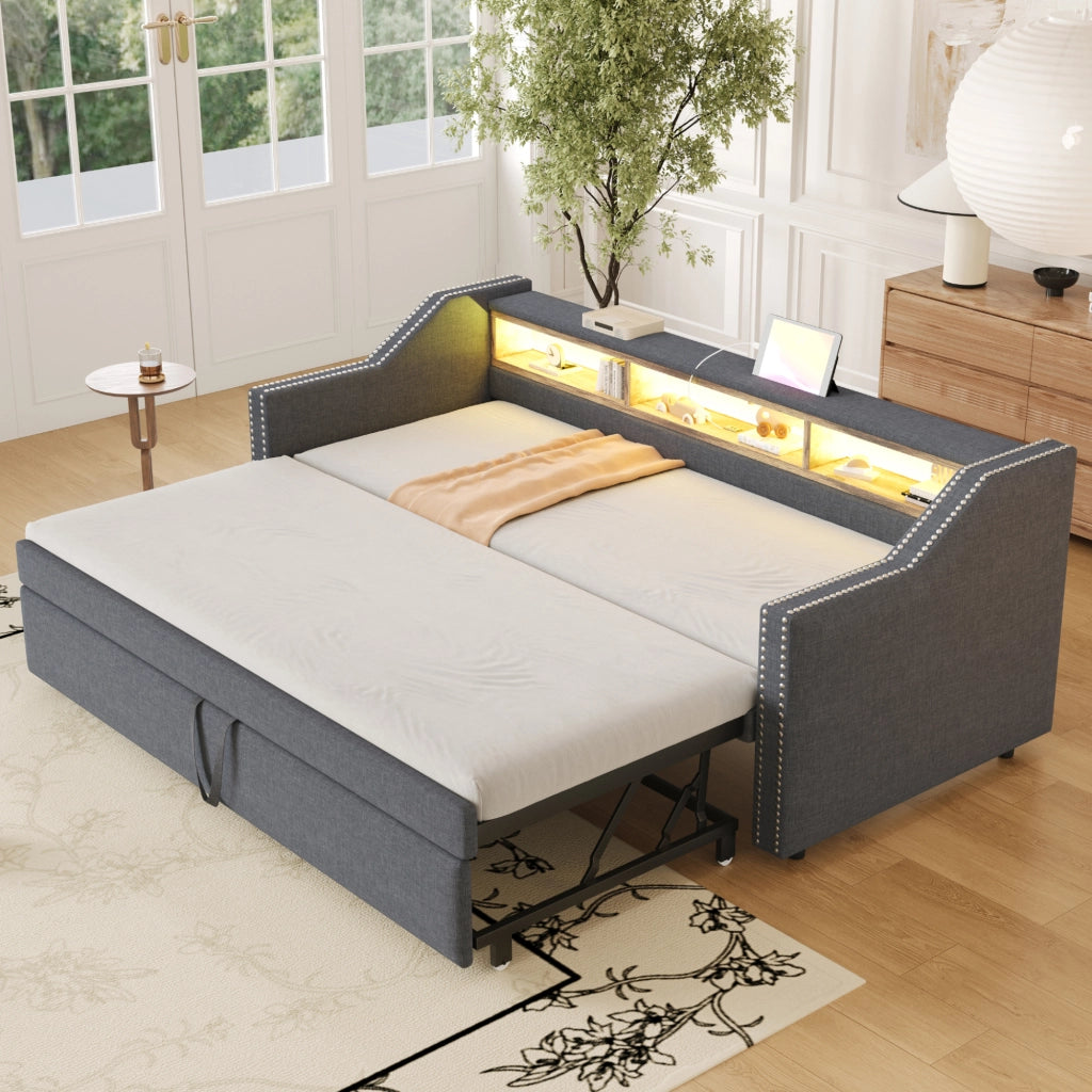 Letto estraibile matrimoniale 90×190 cm e 180×190 cm con 3 ripiani; USB; rete; senza materasso; grigio scuro