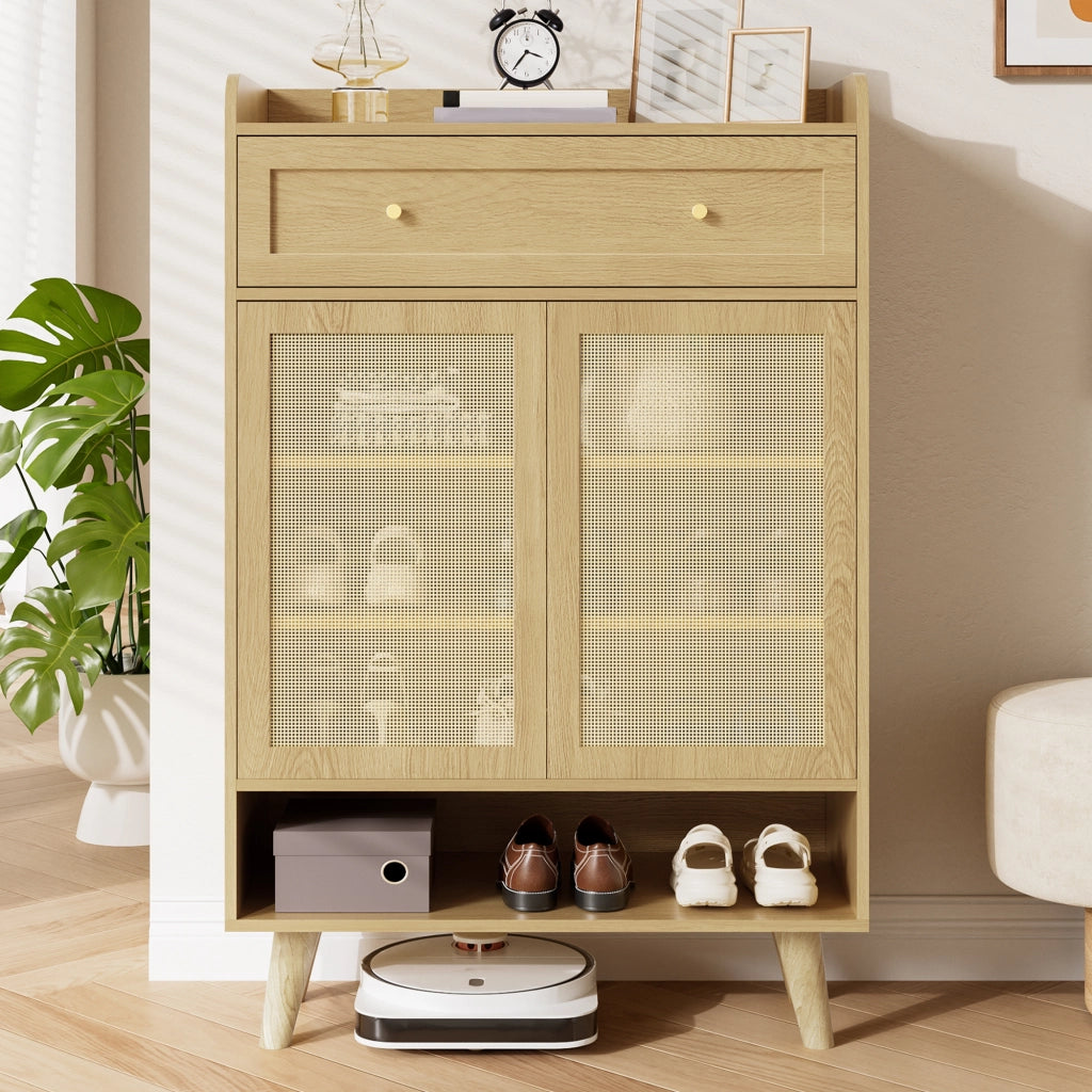 Mobile contenitore con ante, cassetto e ripiani in rovere chiaro 80x105x35 cm