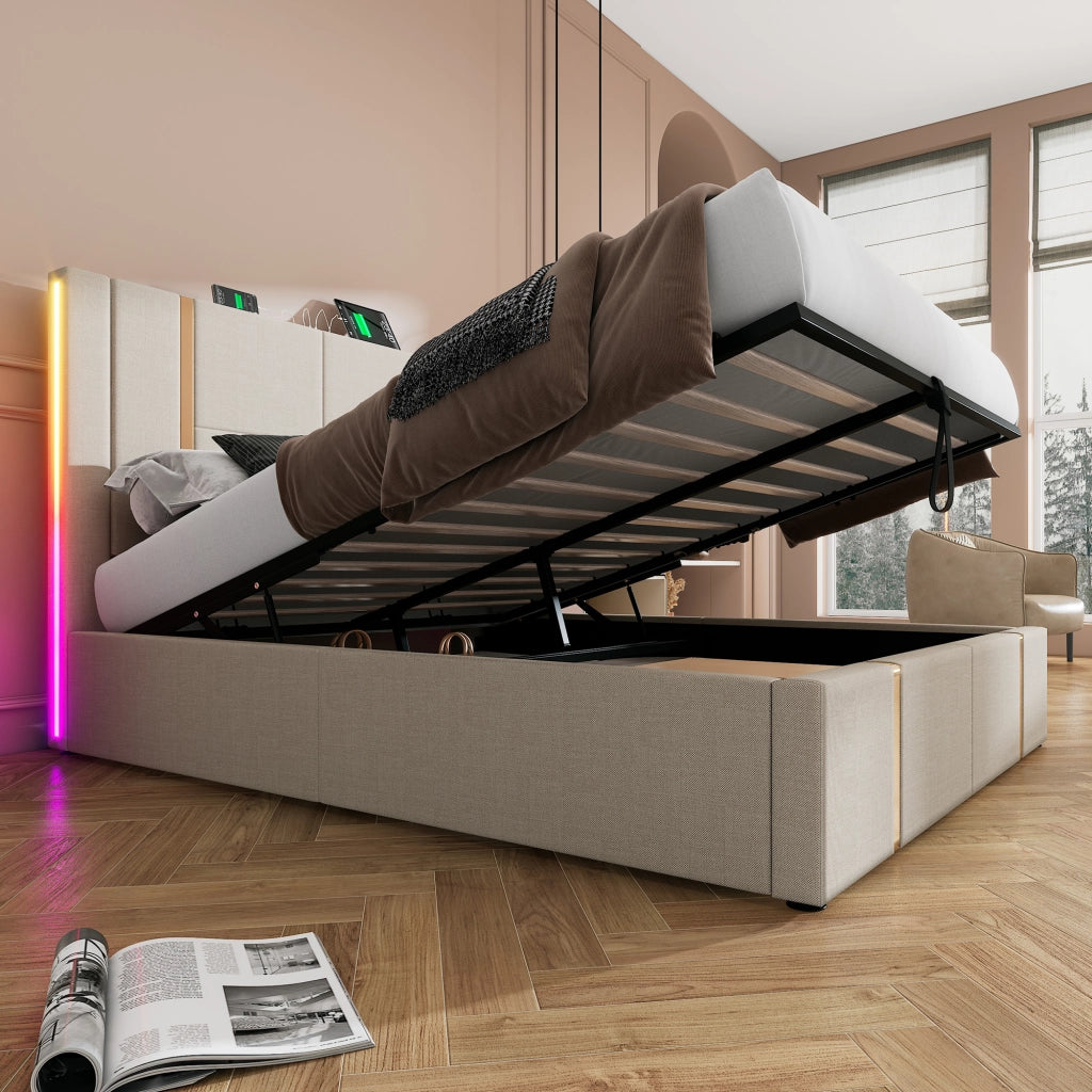 Letto Contenitore 160x200 cm; Letto Matrimoniale - USB; Type-C; LED - in Lino Beige