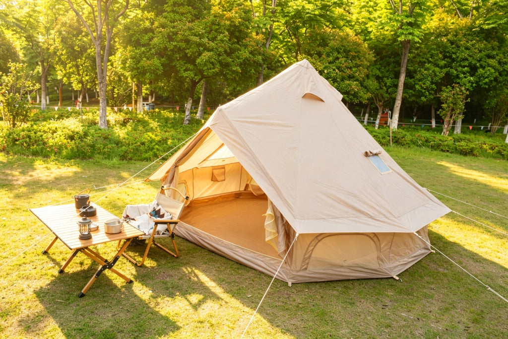 Tenda a campana beige in tessuto Oxford ad alta densità per 3-4 persone con finestre a rete per campeggio