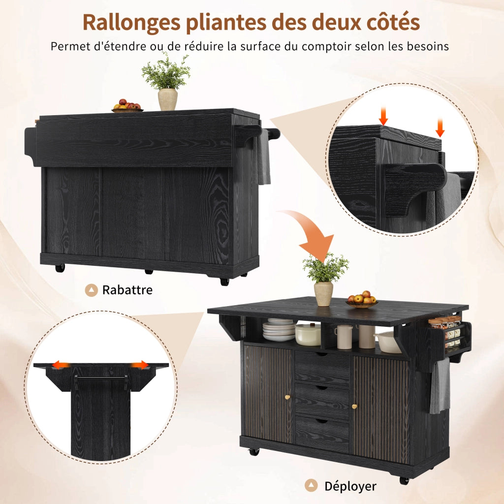 Carrello da cucina con piani laterali pieghevoli 3 cassetti ripiani regolabili ruote con freno nero MDF metallo