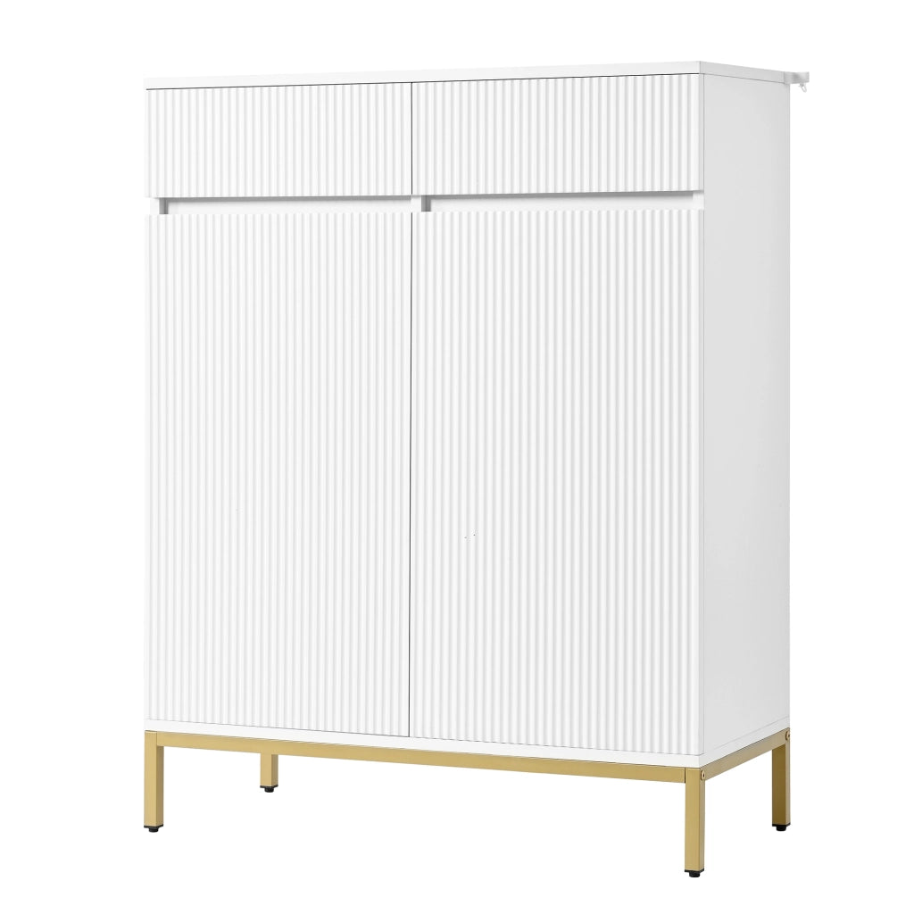 Scarpiera LED con 2 cassetti, 2 ante e ripiani regolabili per ingresso, bianca con gambe dorate, 80 × 35 × 103 cm