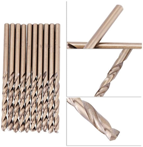 Set di Trapani HSS a Spirale con 5% di Cobalto - Punto di Frattura 135 Gradi - Per Acciaio Inox - 10 Dimensioni (1-5 mm)