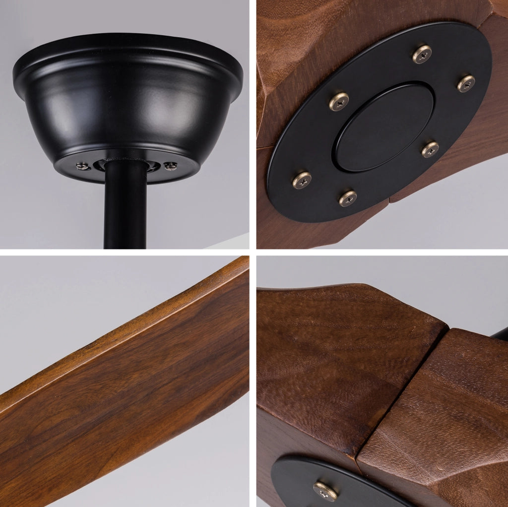 Ventilatore da soffitto senza luce con pale in legno; 6 velocità; nero e noce scuro