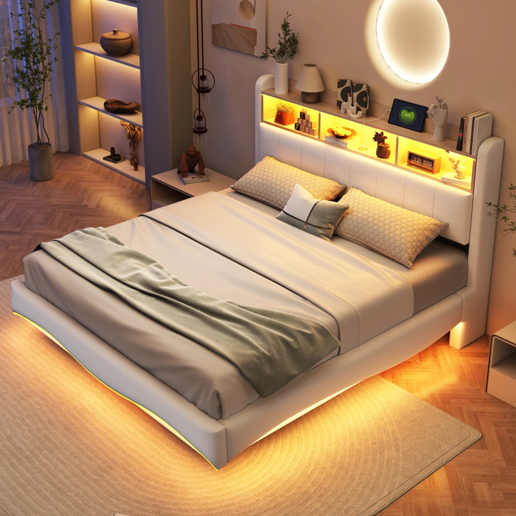Letto imbottito sospeso 160x200 con luce LED; prese USB e Type-C; beige