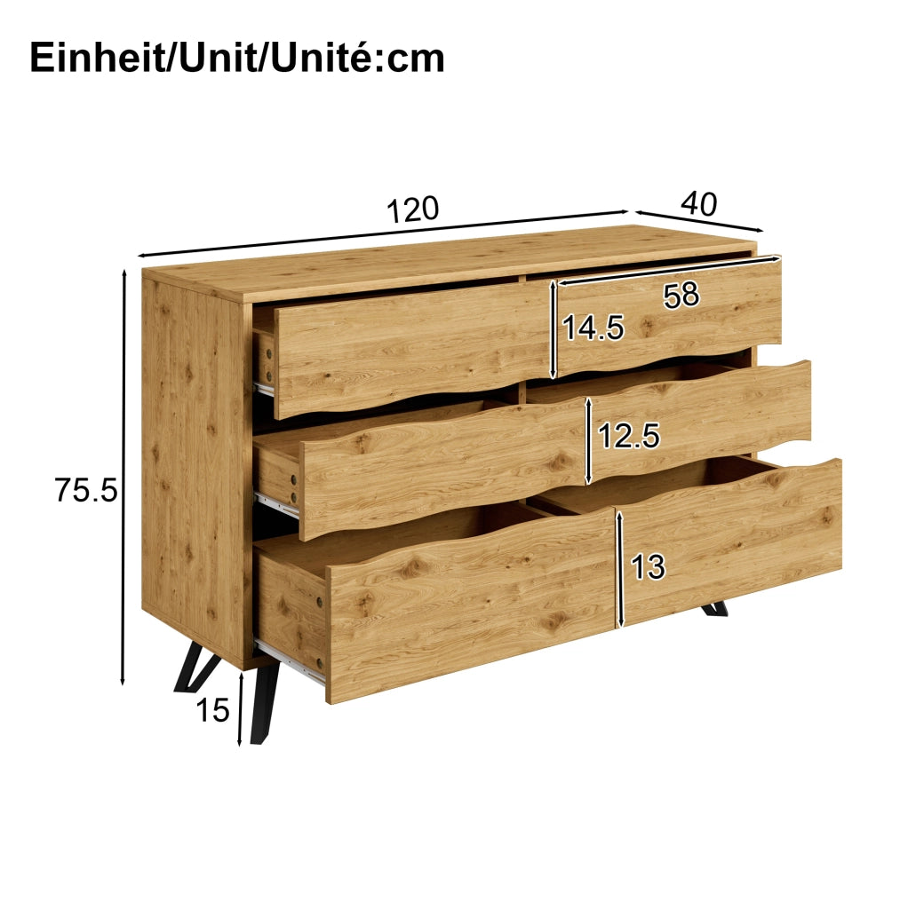 Madia 120x40x75;5 cm con 6 cassetti in legno e gambe in metallo HOMVRA