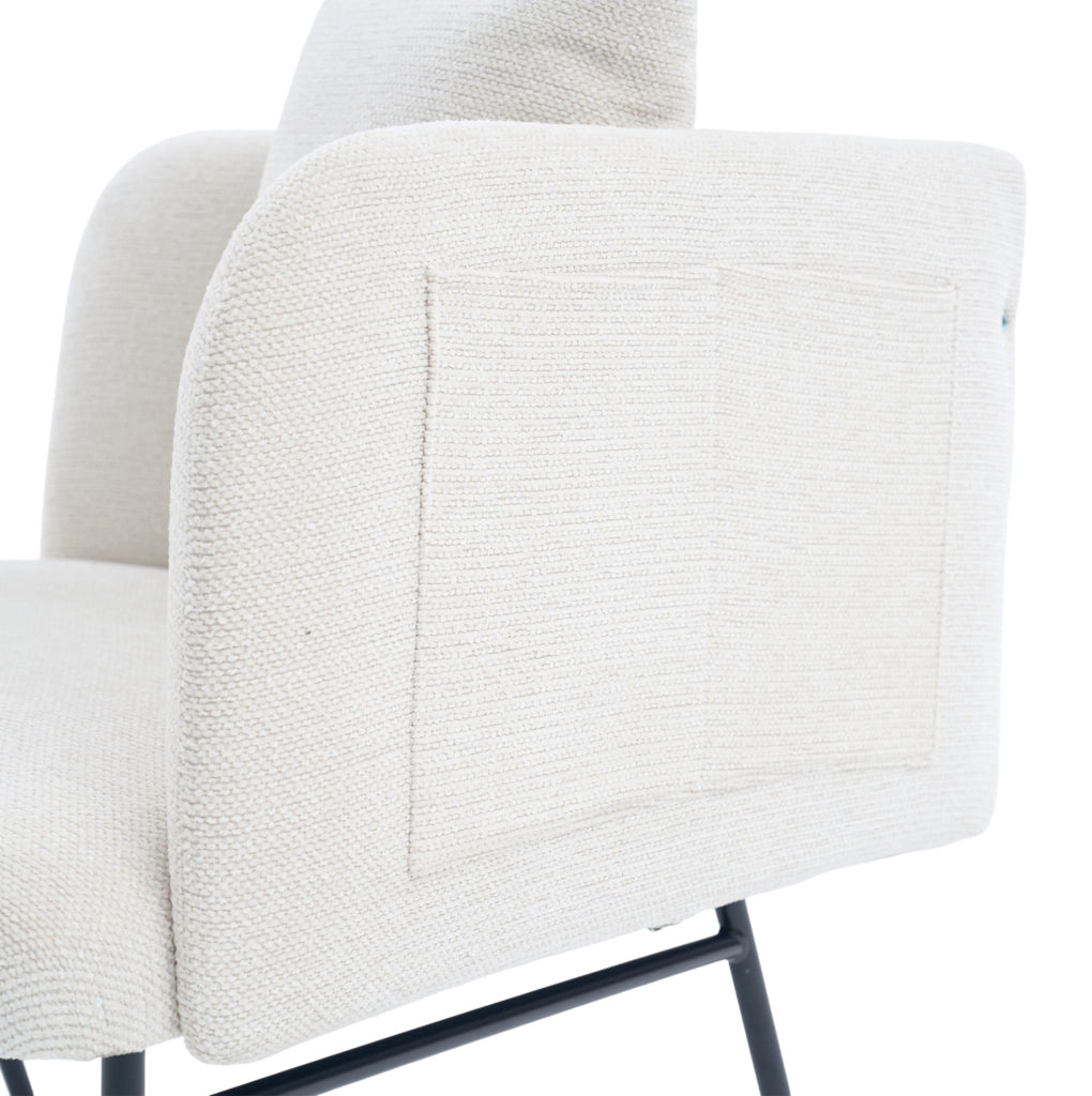 Poltrona in ciniglia beige con tavolino laterale e 2 tasche portaoggetti