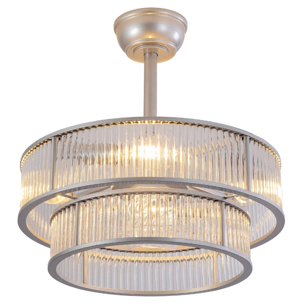 Ventilatore da soffitto con luce e cristalli da 50 cm; 6 velocità e controllo da app; vetro e metallo; argentato