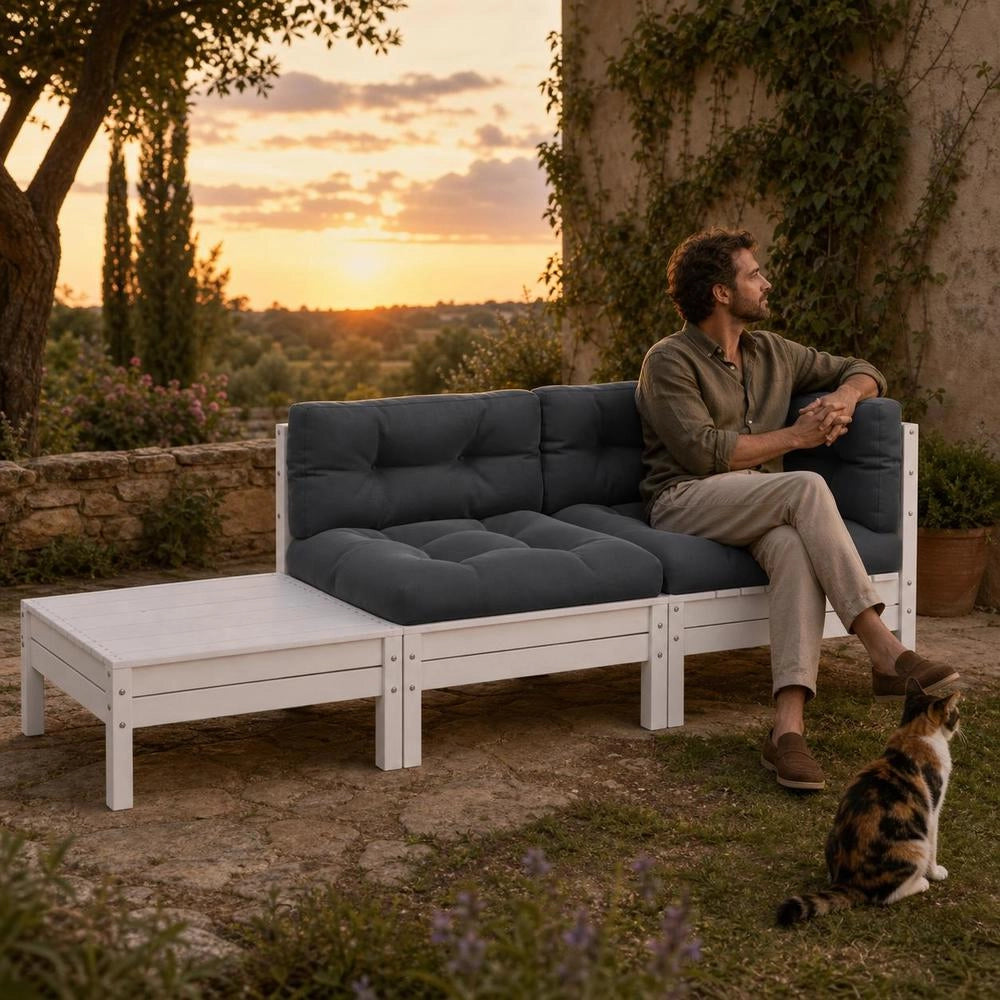 3-piece Garden Lounge Set With Cushions, White, Solid Pine Wood