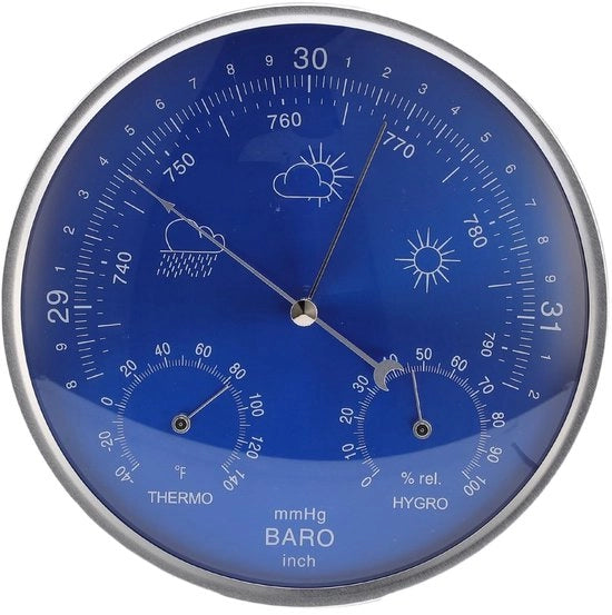 Termometro, Barometro e Idrometro a Stendardo - Misurazioni Precise - Blu 180mm - Per Uso Interno ed Esterno - Stazione Meteorologica - Adatto per Giardino e Casa -