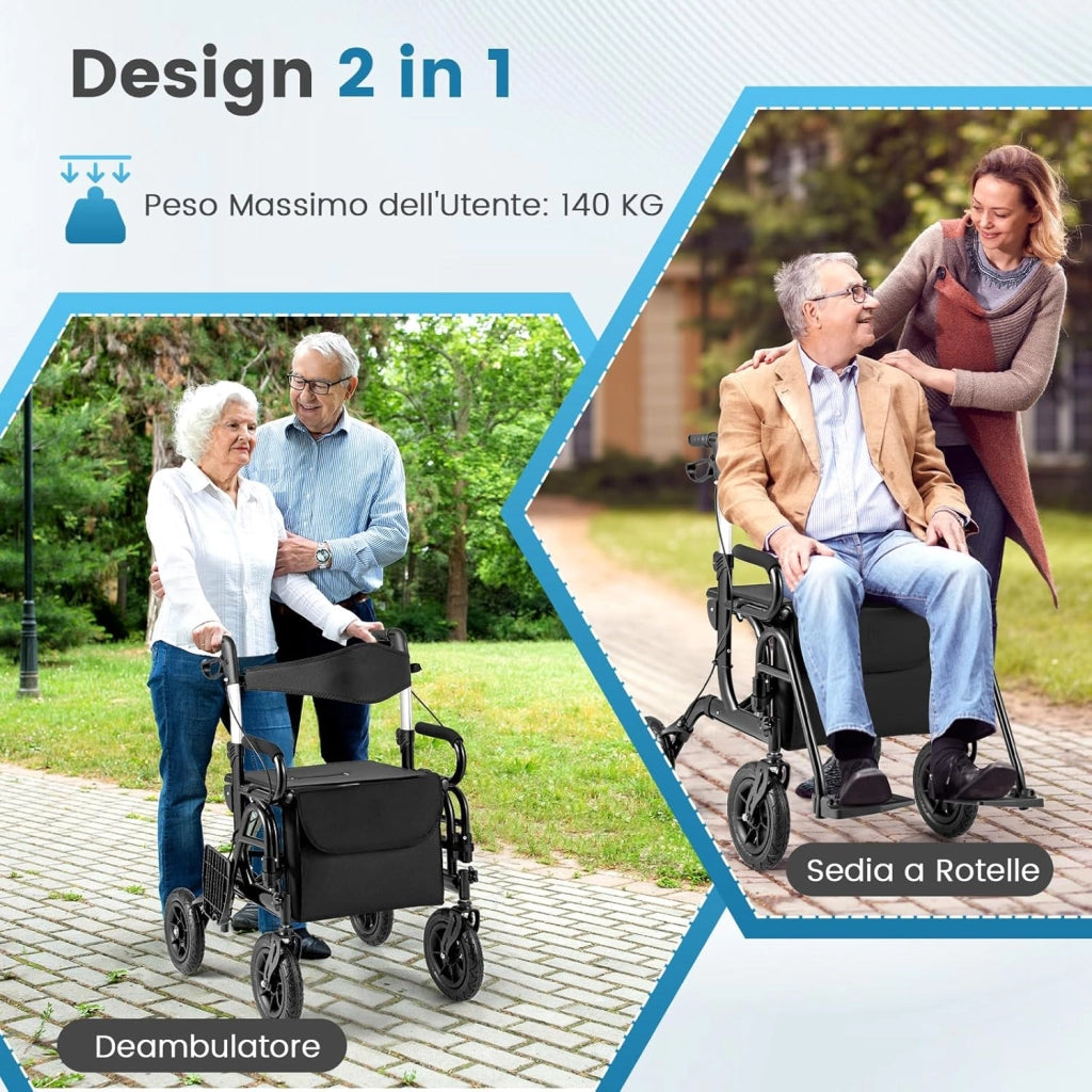 2 in 1 Deambulatore Pieghevole e Sedie a Rotelle per Anziani in Alluminio, Rollator Altezza Regolabile con Seduta e Freni, Girello per Anziani con Ruote Robuste, Carico Massimo 140 kg (Nero)
