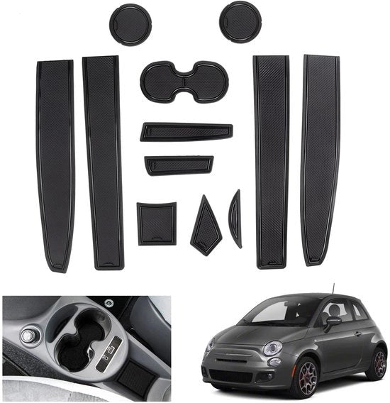 Materassini di antislip per FIAT 500/ Abarth 595, mattonelle in gomma, supporto per bicchiere nella console centrale, mattonelle per vano porta, compatibili con FIAT 500 Abarth 595 (nero)