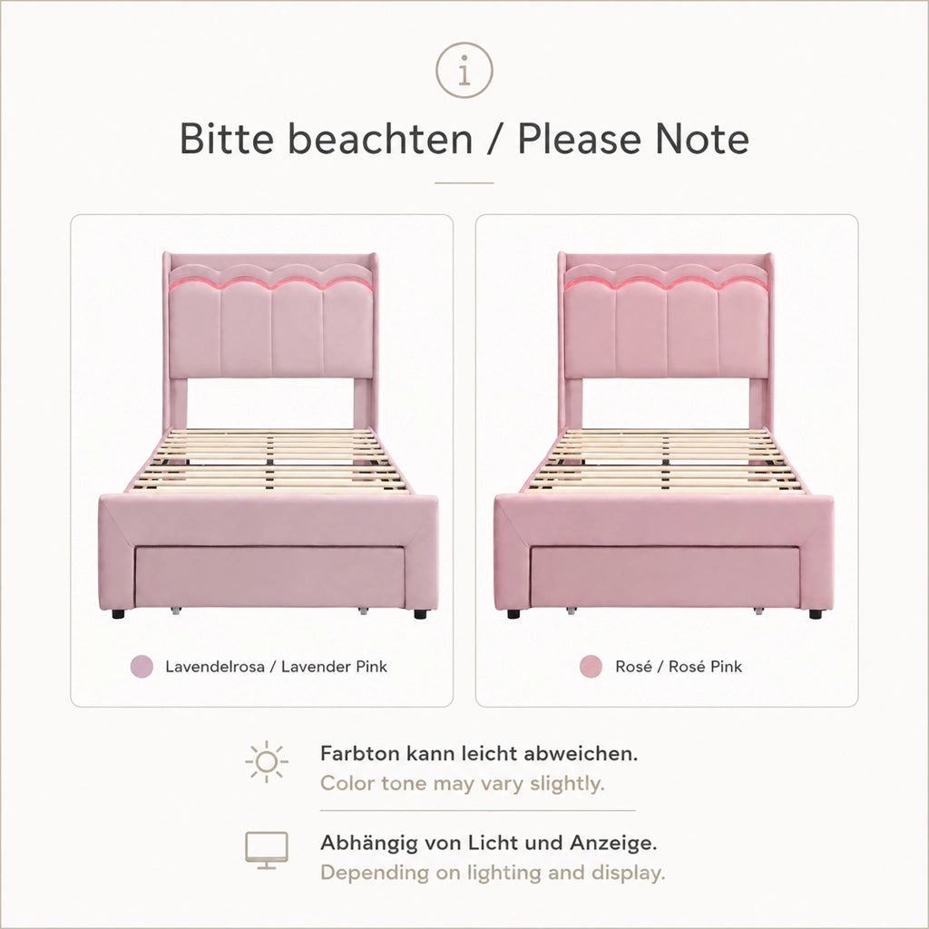 Letto singolo imbottito 90 x 200 cm in velluto rosa con cassetto; LED e testiera a onde